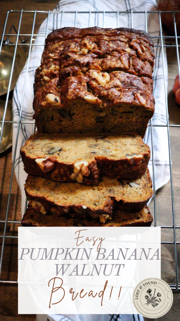 Pumpkin banana walnut bread laid out on a table.