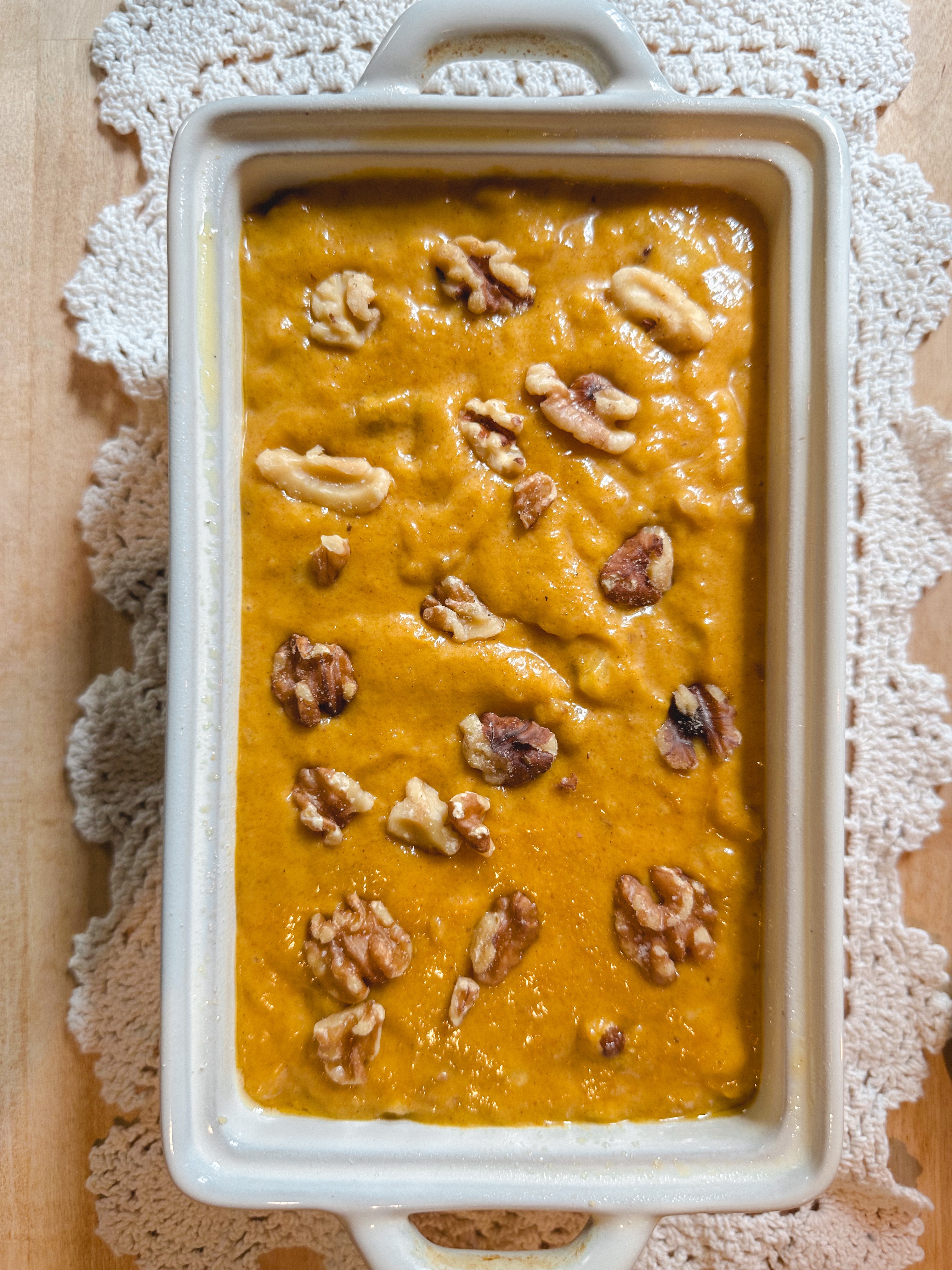 Pumpkin banana walnut bread getting ready to bake.