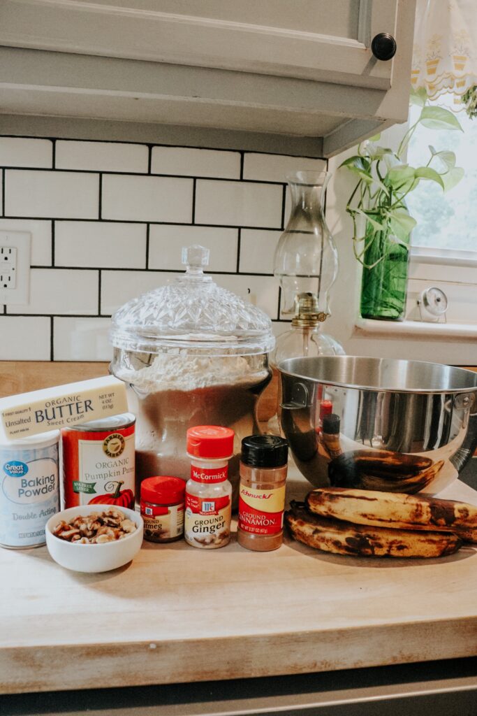 Ingredients for pumpkin banana walnut bread